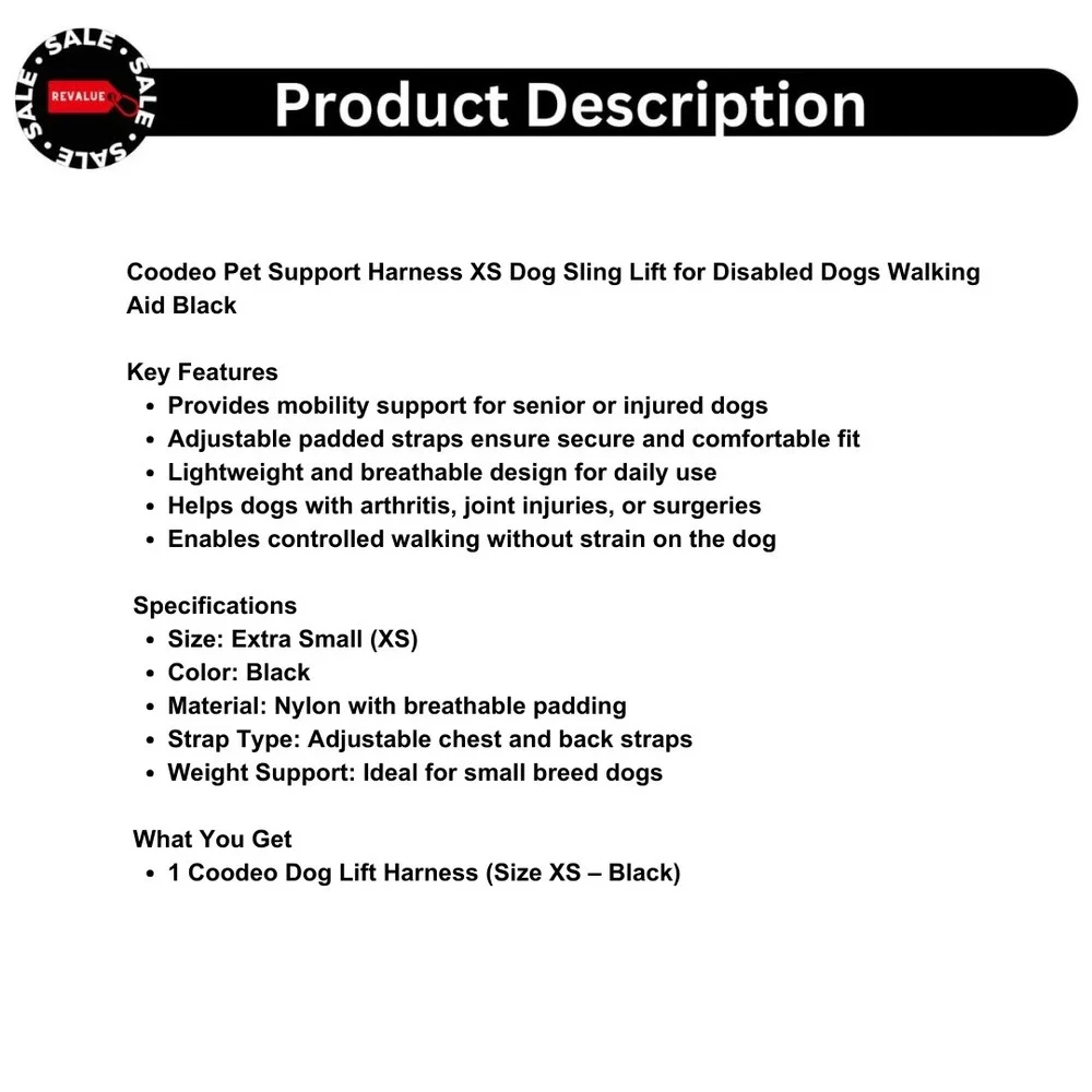 Coodeo Pet Support Harness XS Dog Sling Lift for Disabled Dogs Walking Aid Black